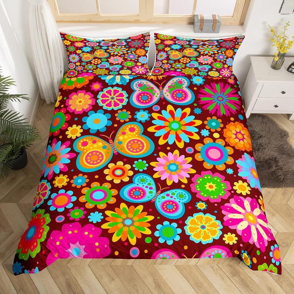 70er Jahre Retro Hippie Bettwäsche Set Groovy Blumen Bettbezug Full Queen für Erwachsene Teenager Boho Vintage Psychedelisch Floral Bettbezug
