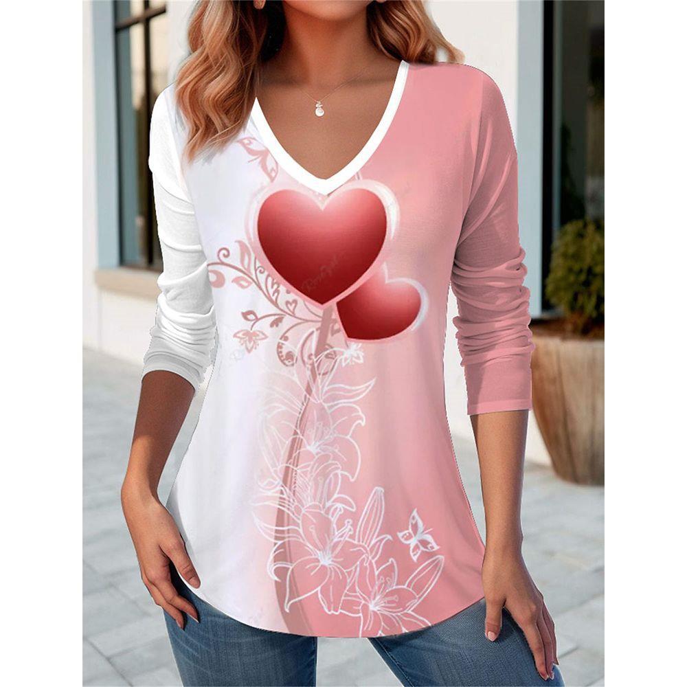 Autumn and Winter Ladies 3D Printed V-Neck Long Sleeve T-Shirt Fashion Versatile Trend Breathable Casual