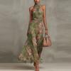 European and American cross-border 2026 women's clothing hip-wrapped mesh printing irregular split pleats sexy suspender dress long dress