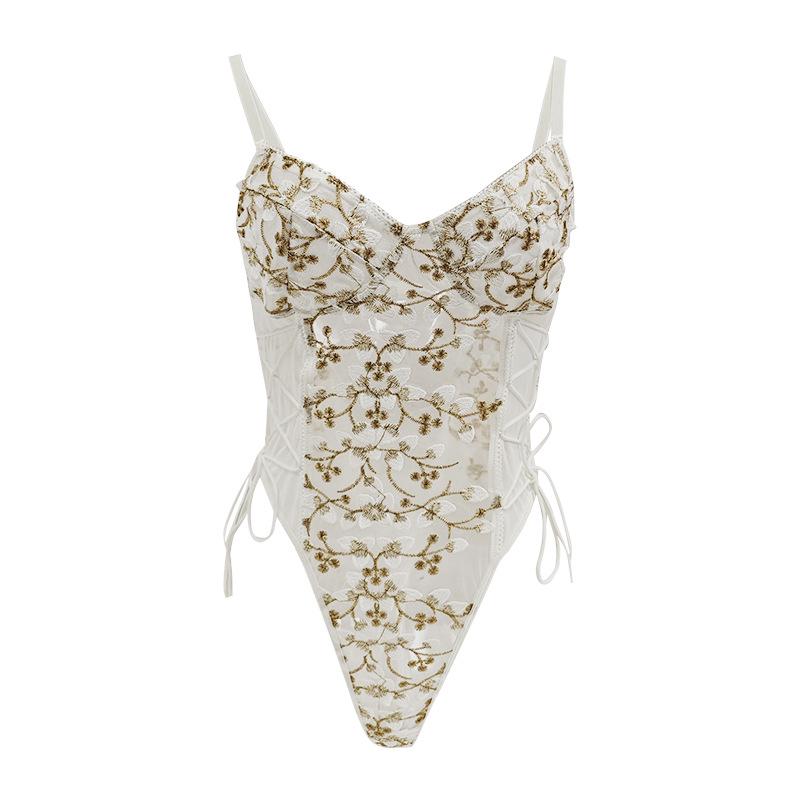 

Жіночий мереживний боді з вишивкою, сітчастою спинкою без бретелей та куліскою на талії 4XL