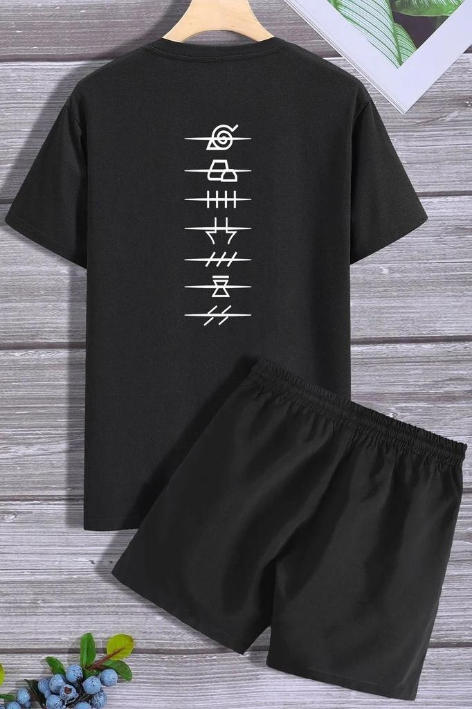 Women's Style Big Size Under-Upper Team Unisex Black Oversize Crew Neck Top And Bottom T-Shirt Double Set With Shorts