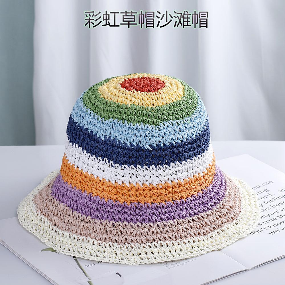 Summer Rainbow Striped Bucket Hat Woman Crochet Beach Fisherman Hat Foldable Handmade Weave Sun Hat Female Panama