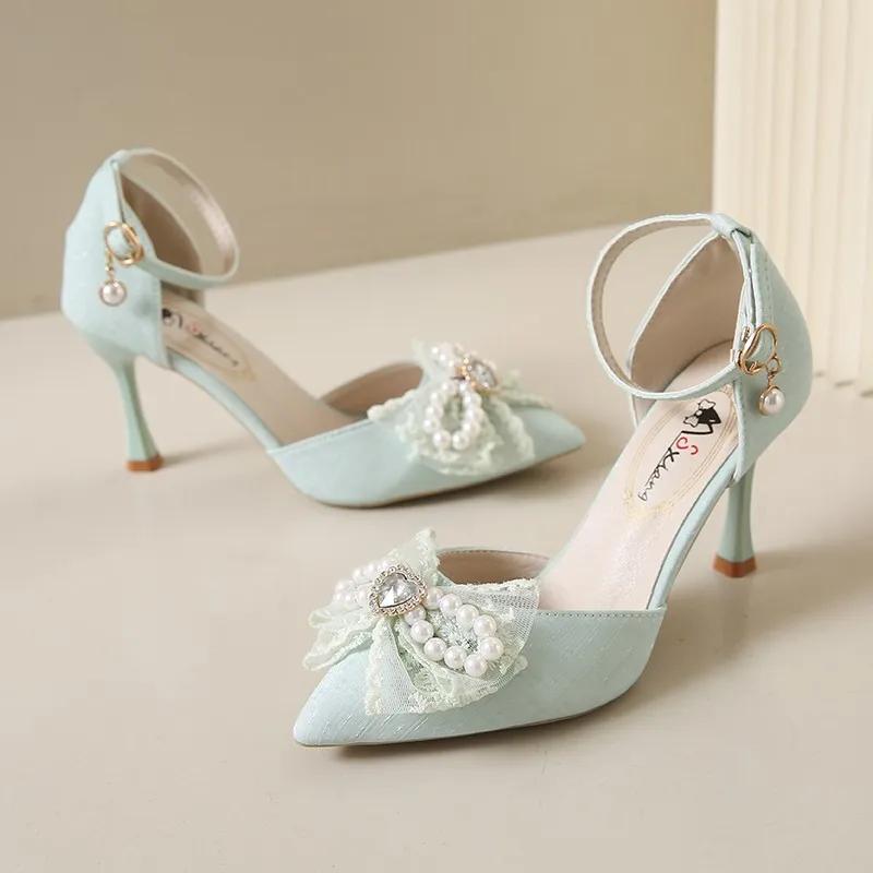 Fashion Hot Selling 2025 Summer New Fashion Bow Sandals Women's Pointed Thin Heel Buckle Fairy Style French Style High Heels