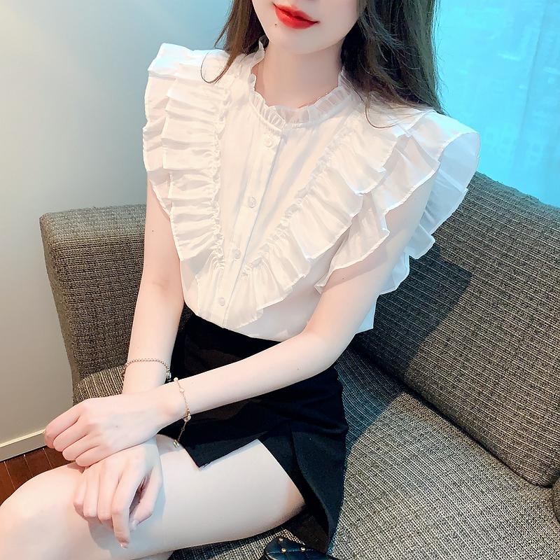 

Летняя винтажная белая повседневная блузка с летящими рукавами, женская элегантная приталенная шифоновая рубашка для женщин, модные однотонные офисные женские топы 24190 S белый