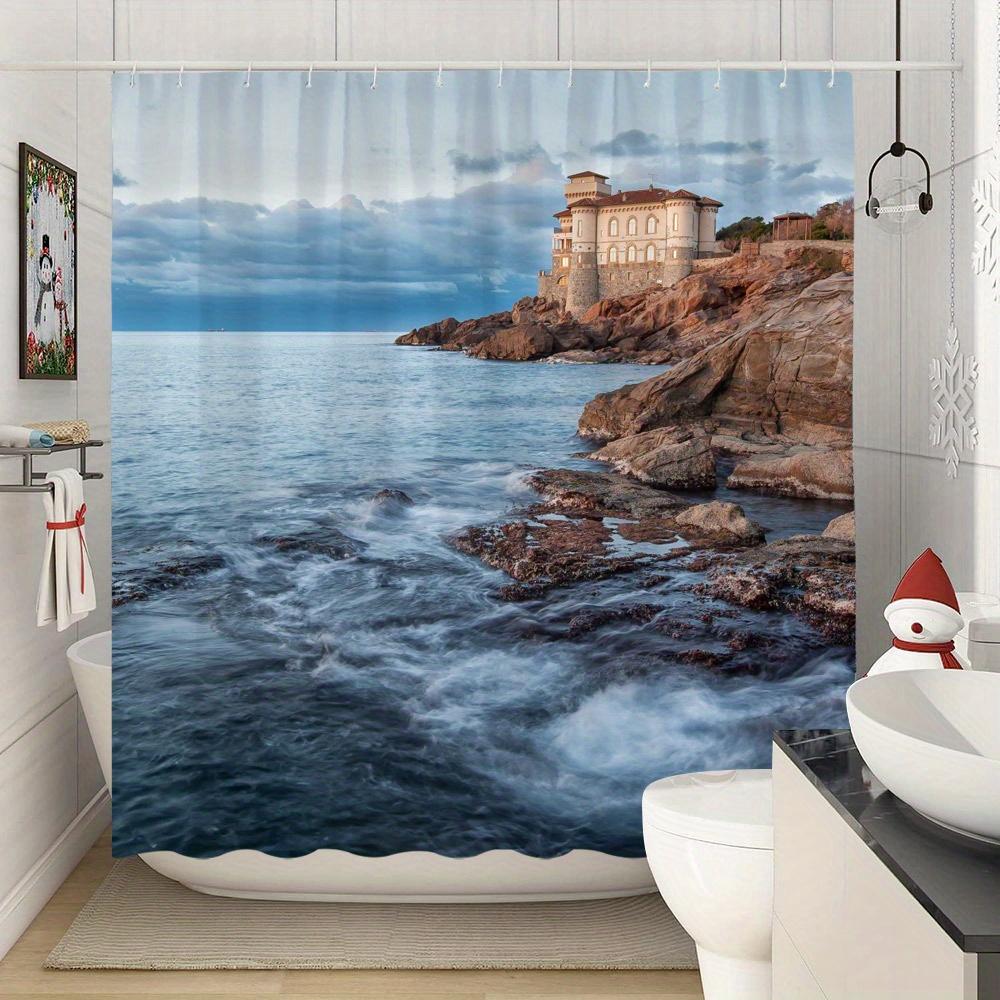 Shower Curtain: Coastal Castle on Rocky Cliffs for a Dramatic and Ocean-Inspired Bathroom Decor