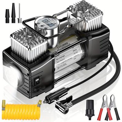 Bomba de Ar de Cilindro Duplo 150PSI para Pneus de Carro Bicicletas Motos Elétricas - 19,81gal/Min Compressor Portátil de Serviço Pesado, Display Digital Desligamento Automático