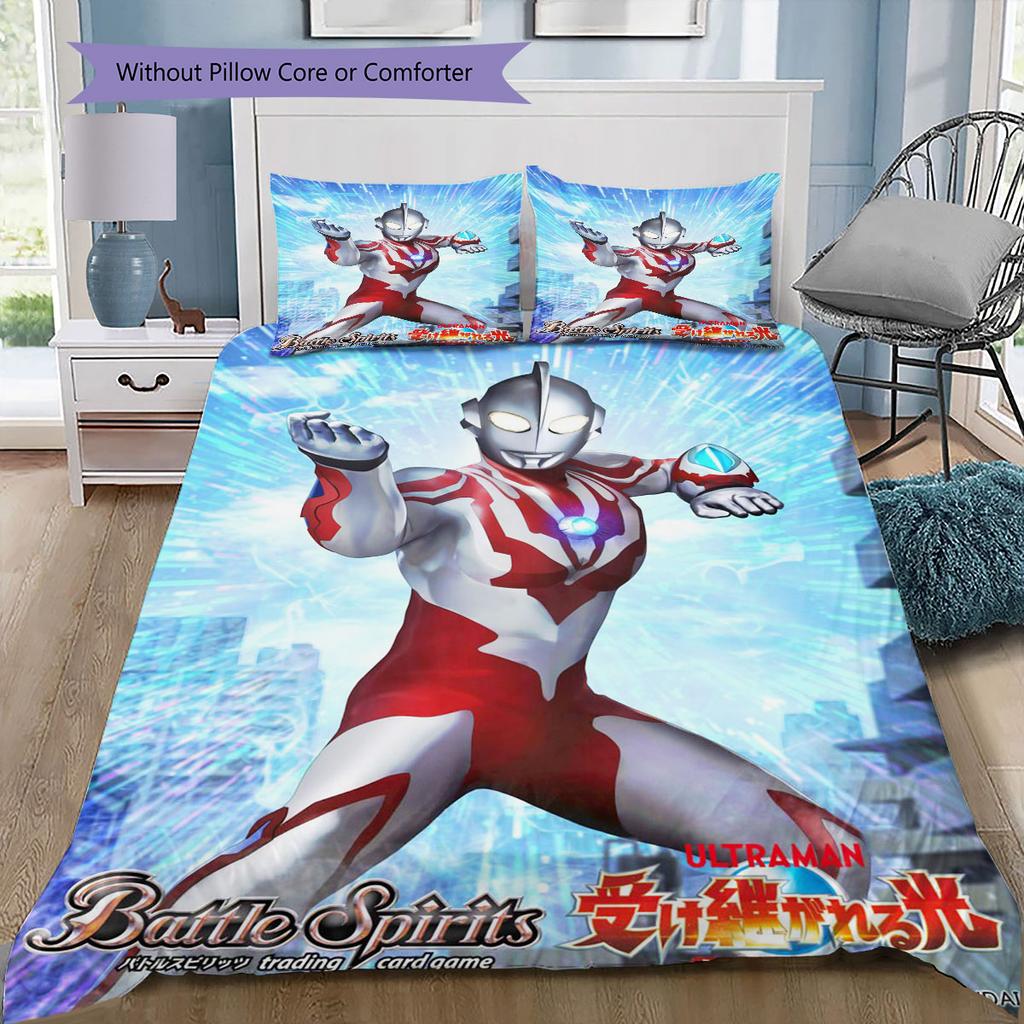 3pc Ultraman cartoon print unbleached bed sheet set(1*Duvet Cover + 2*Pillowcase, Without Core), for bedroom bedding decoration