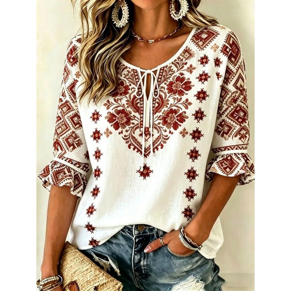 Women's White & Red Paisley Print Tie Neck Blouse, Casual Loose Tops for Spring Summer Daily Wear & Vacation Occasions