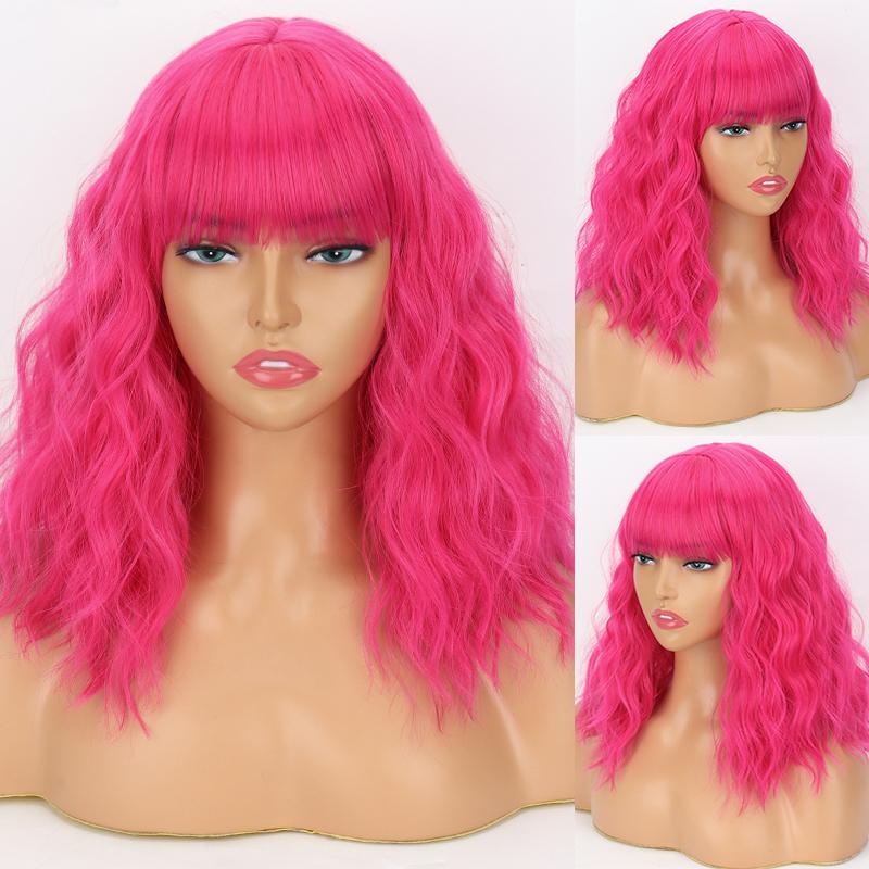 XINRAN Dark Purple Women Fashion Shoulder Length Wavy Bob Wig with Bangs Synthetic Fiber Daily Wear Cosplay Short Wavy Wig