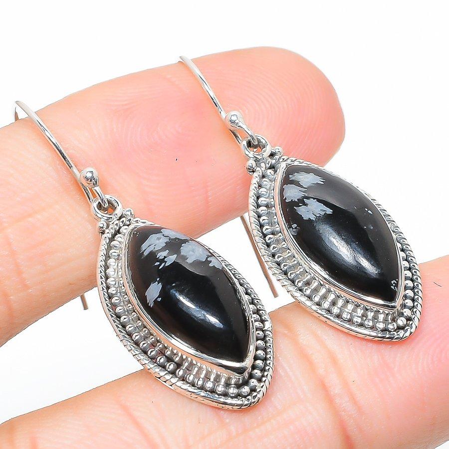 Natürlicher Schneeflocken-Obsidian Edelstein 925 Massiver Sterling Silber Ohrring 1,50" V6f93