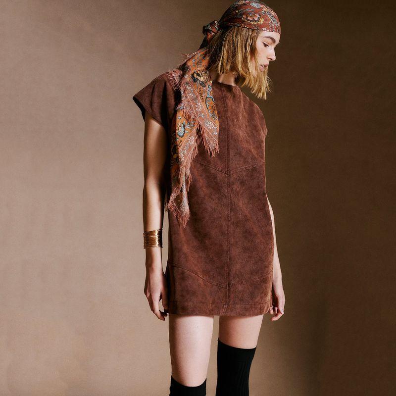 

Cool! Pure Element Suede Fabric Leak Back Mini Straight Dress Coffee S