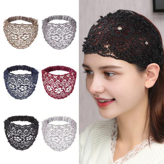 4Pcs Women Headband Floral Lace Hollow Design Faux Pearls Hair Hoop Boho Style Wide Elastic Hair Accessories