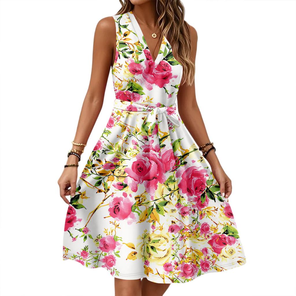 Women's Spring And Summer Casual V-Neck Sleeveless Waist Floral Print Midi Dress