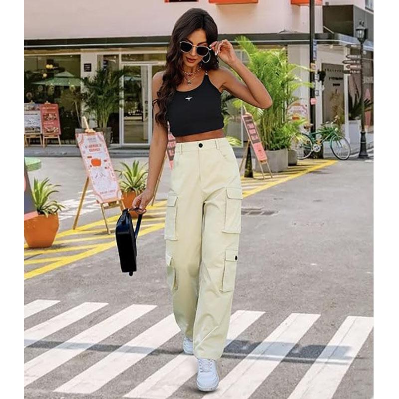 Women High Waisted Cargo Pants Y2K Trousers Wide Leg Casual Pants with 8 Pockets