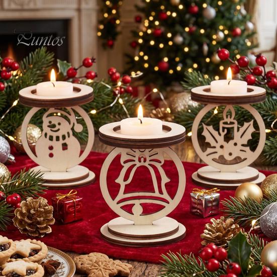 Hollow Carved Wood Decor 3Pcs Christmas Wooden Candle Holder, Detachable Tealight Stand with Indoor Holiday Party Supplies Snowman/Bell/Candle