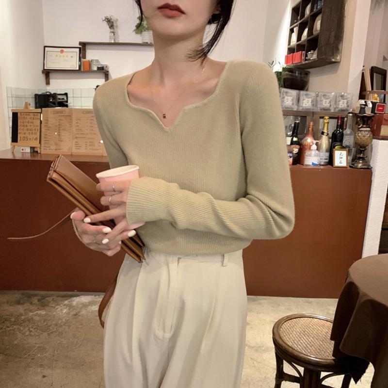 

Pit strip slim-fit collar knitted bottoming shirt women s spring temperament inner top soft waxy long-sleeved sweater XL хакі