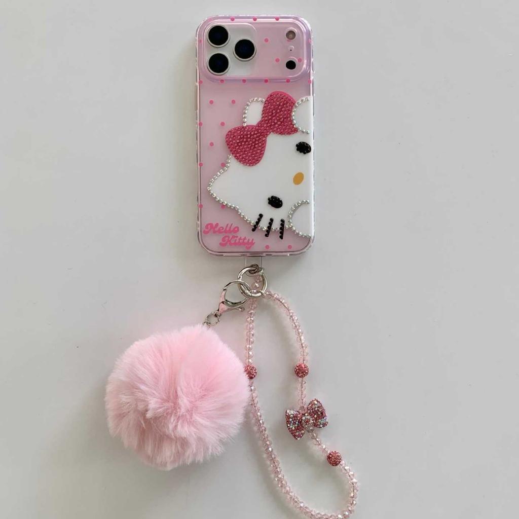 Cute Cartoon Pink Diamond KT Cat Chain Phone Case for iPhone 16/15 Pro Max, Rhinestone Decoration Protective Cover