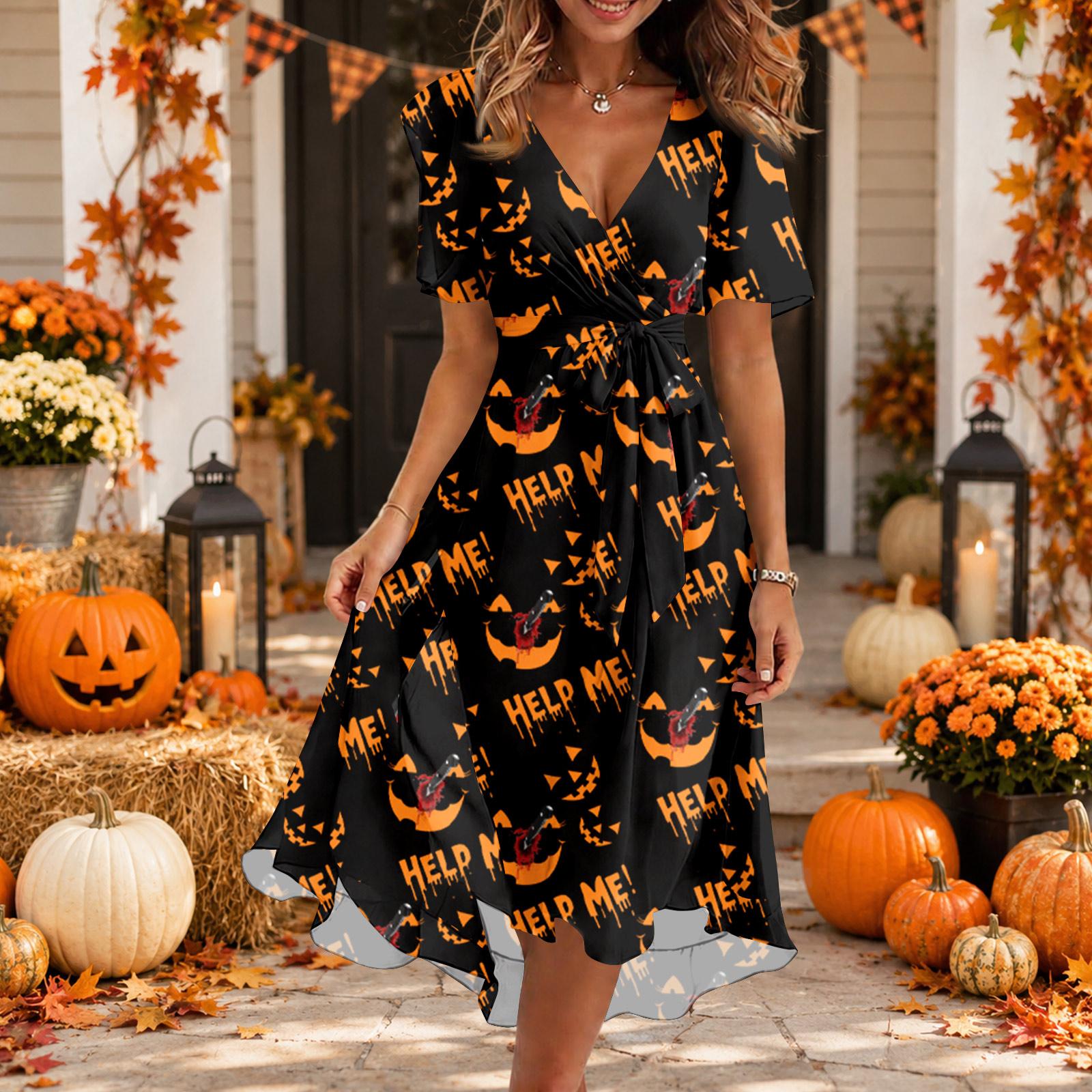 Women s V Neck Short Sleeve Casual Dress Halloween Print Wrap Style Midi Dress with Asymmetric Hem and Waist Tie S