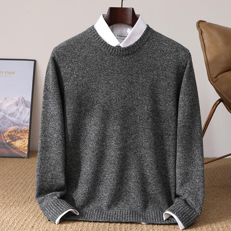 Men's Pure Wool Thickened Winter Pullover - Color Block Round Neck Cashmere Sweater