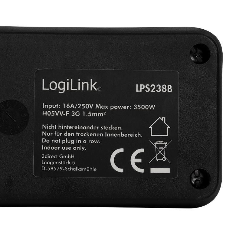 LogiLink Power Strip with 6 Sockets with Protective Contact, Black 1.5m