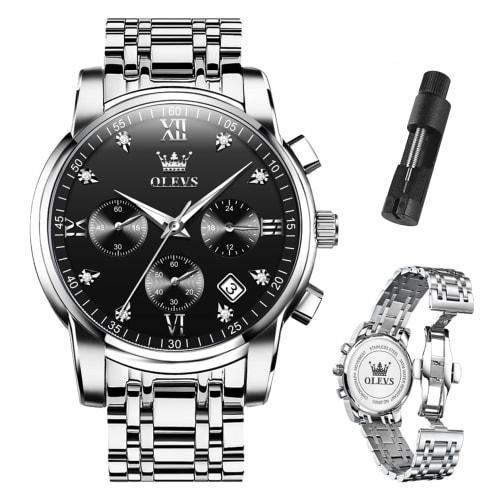 

OLEVS Men s Popular Fashion Quartz Analog Waterproof Business Wristwatch with Silver Metal Band and Date Display, Stylish Black Stainless Steel Watch