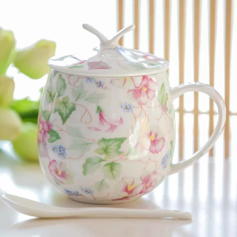 

410ML, Cute floral rose designed, bone china thermos tumbler mug, tea for one cup, large mug, with lip & spoon 401-500ml