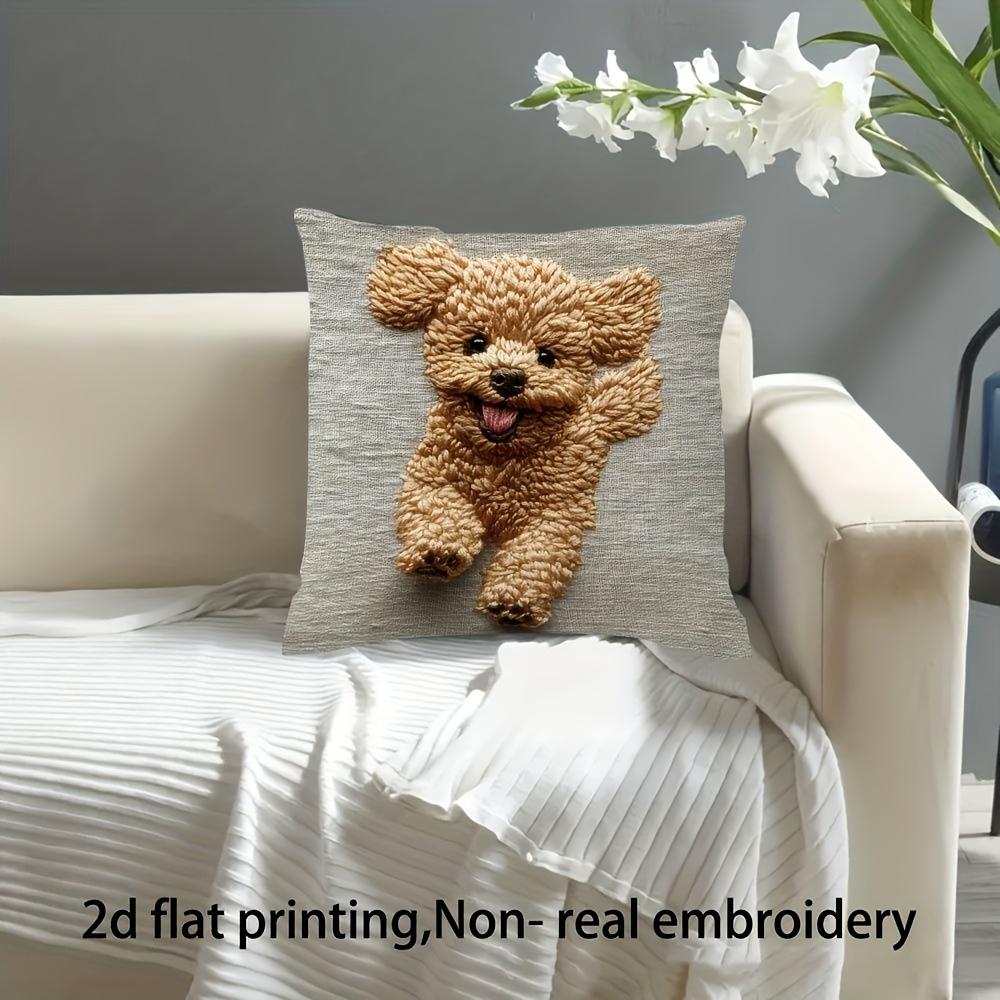 Schattige Pluizige Poedel Kussenhoes 2D Nep Borduurwerk Print Kussenhoes Huisdier Liefhebber Woondecoratie Cadeau