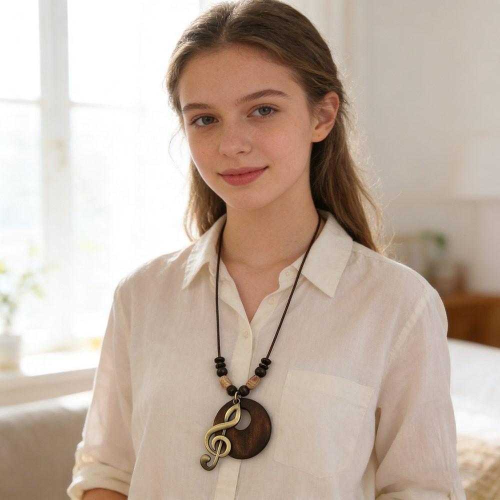 Leather Chain Wooden Pendant Necklace Boho Sweater Necklace Vintage Sweater Chain  Gifts