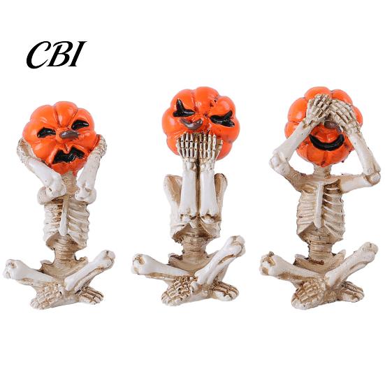 Resin Pumpkin Decor 3 Pcs Halloween Skeleton Statue, Hear See Speak No Evil Head Distressed Craft Figurine, Spooky Skull Ornament for Mantel,