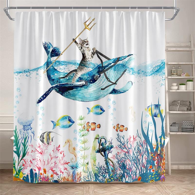 

Funny Diving Cat Shower Curtain Whale Sea Turtle Seahorse Fish Coral Ocean Animals Underwater Scenery Children Bathroom Decor W60H190(CM)-1 Pcs