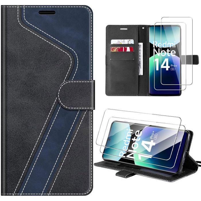 Coque pour Xiaomi Redmi Note 14 Pro Plus 5G, Anti-Rayures Synthécuir Noir - 2 Verres Trempés
