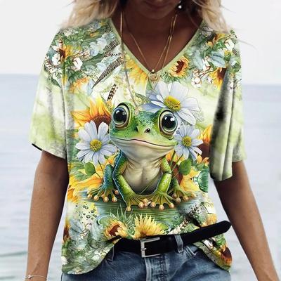 T-shirt da Donna Rana e Fiori Stampa Outdoor Retro Moda Casual Oversize T-shirt Estiva Donna Tshirt