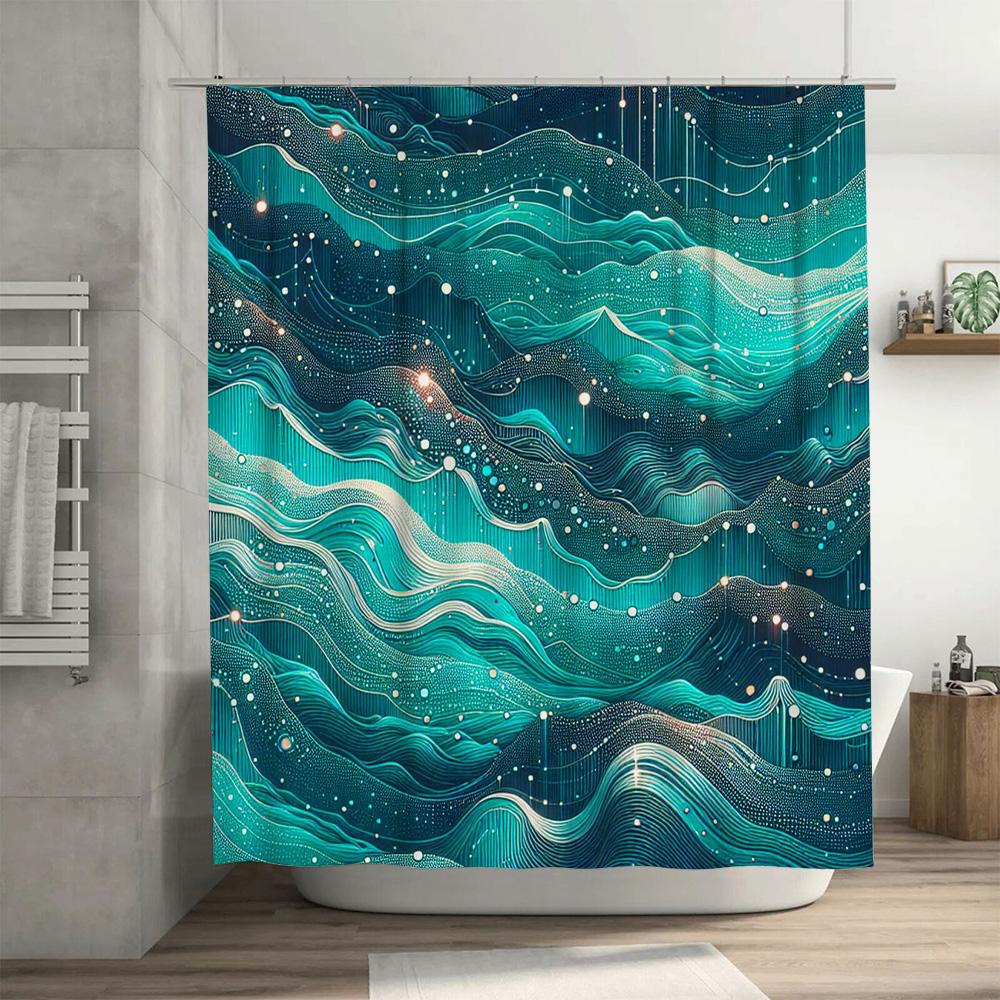 Luxury Blue Ombre Shower Curtain with Modern Waves Design for Bathroom Decor Waterproof Fabric Bath Mat Set In Various Sizes (18