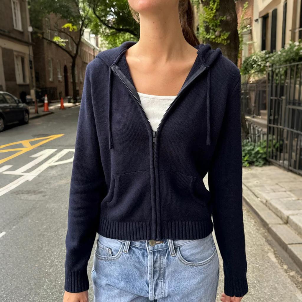 Modische und schlichte einfarbige Sweatshirt-Jacke mit langen Ärmeln, Woll-Damenbekleidung, 2025 Herbst und Winter, mit Kapuze, kurz, vielseitiges Oberteil