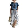 Women Casual Two Piece Set Round Neck Short Sleeve Top Layered Ruffle Hem Striped Skirt Summer Outfit