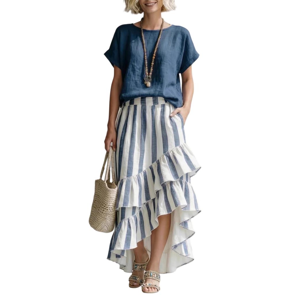 Women Casual Two Piece Set Round Neck Short Sleeve Top Layered Ruffle Hem Striped Skirt Summer Outfit