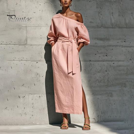 Summer Maxi Dress Women One Shoulder Long Dress, Solid Color Tie Waist Side Split Casual Party Sleeve for Dresses