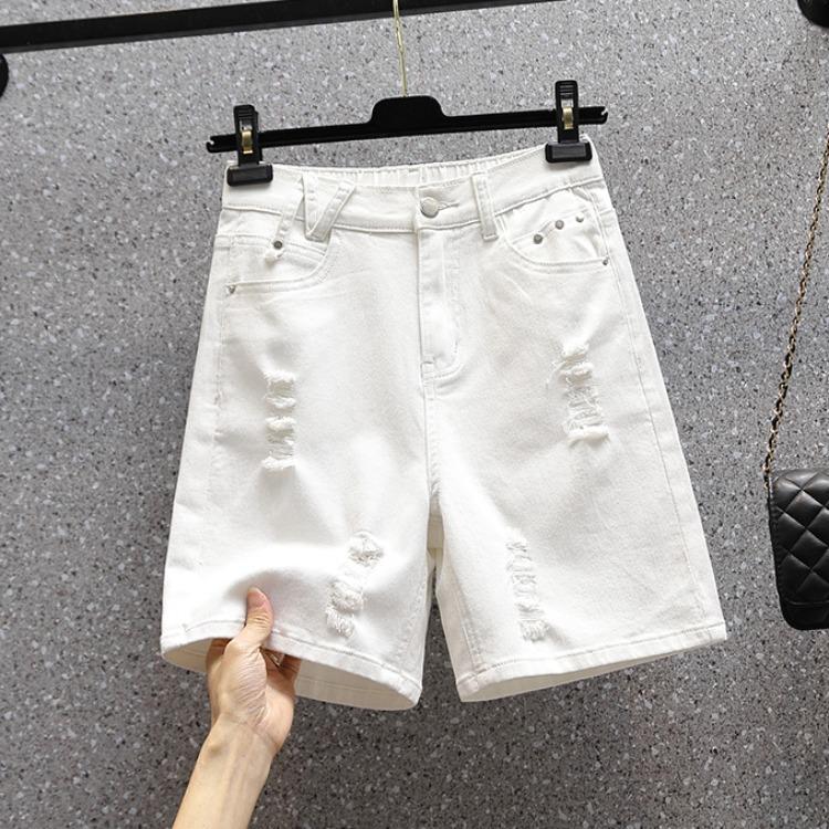

Жіночі штани літні великих розмірів еластичні з дірками джинсові шорти з високою посадкою тонкі вільні широкі штани п ятихвилинні 5XL білий