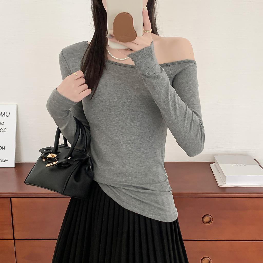 New Pure Spring and Autumn Long-sleeved T-shirt for Women with Slim Slim Collar Off-shoulder Slim Bottom Shirt Top