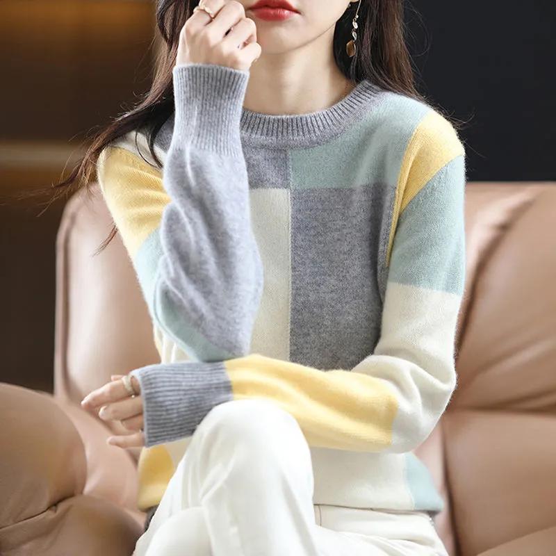 Kontrastnähte Rundhals-Pullover Frühling und Herbst Langarmbluse Mode-Pullover Damen Unterhemd