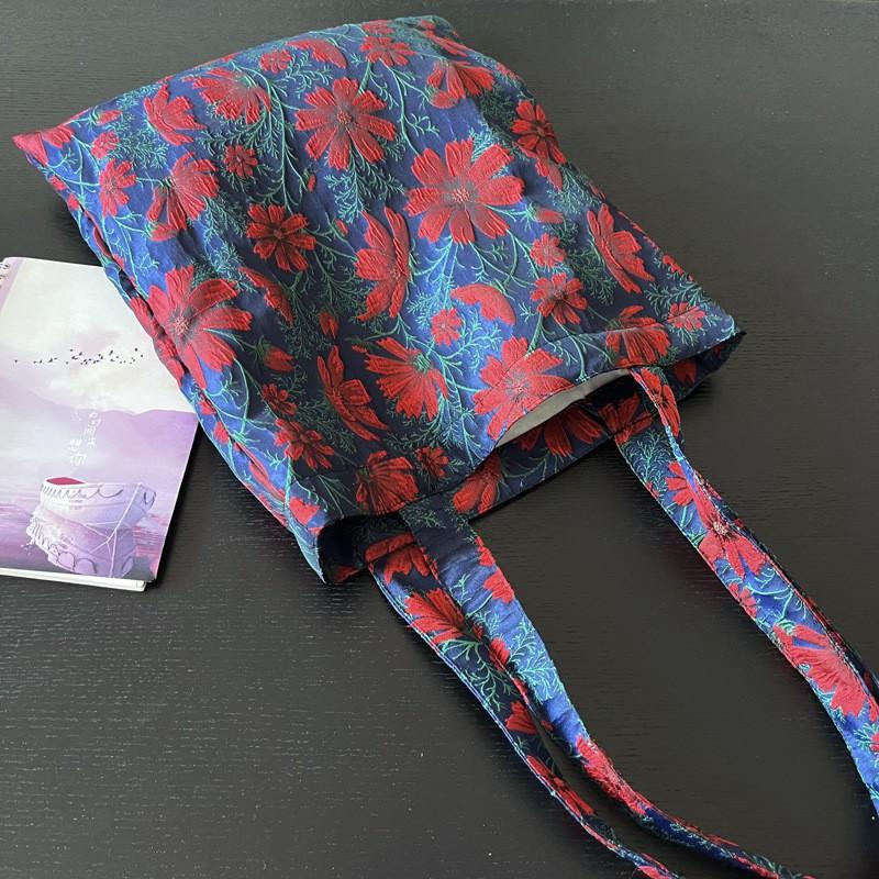 New Style French Retro Contrasting Jacquard Handmade Cloth Bag Tibetan Blue Gesang Flower Large-capacity Shoulder Diagonal