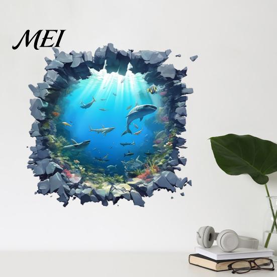 Decorative Gift for Home Office Underwater Shark Wall Sticker, Realistic 3D Ocean View Decal, Waterproof Versatile Room Beautification Decals