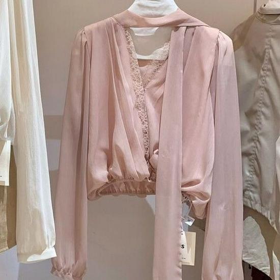 Elegantes Patchwork-Spitzenhemd mit V-Ausschnitt und langen Ärmeln für Damen – Herbst 2025 Mode