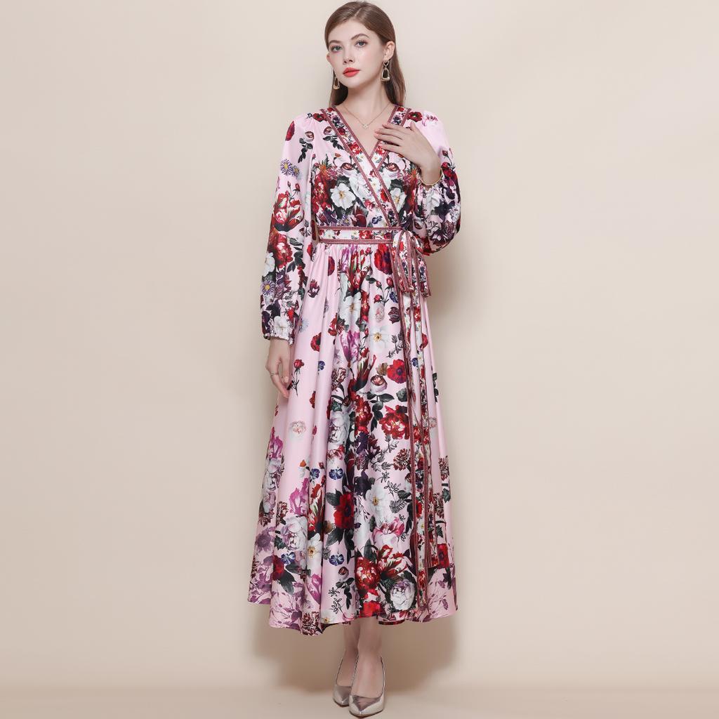 Spring Vintage Floral Maxi Dresses for Women Runway Cross V-Neck Long Lantern Sleeve Sashes Beach Holiday Dress Boho Robe