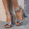 Fashion Women Fashion Shiny Crystal Bowknot Pumps 2024 Summer New Thick Heels Party Shoes Woman Gold Sequin Pointed Toe Pumps Sandals