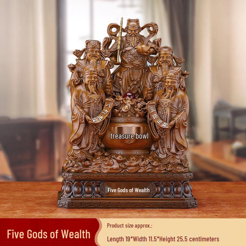 Five-Way God of Wealth Figurine Set with Ingots and Treasure Bowl for Home or Shop Altar