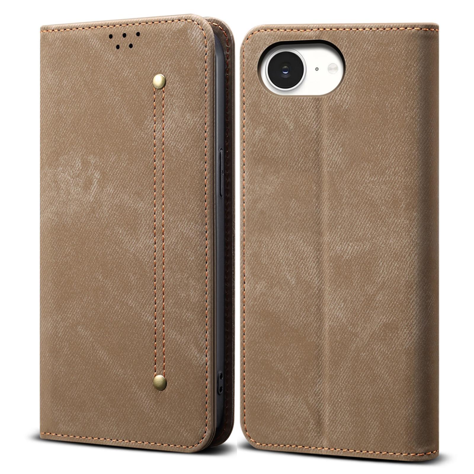 

Чехол для iPhone 16e Текстура джинсовой ткани Защита от царапин Кожаная подставка Чехол для телефона Khaki