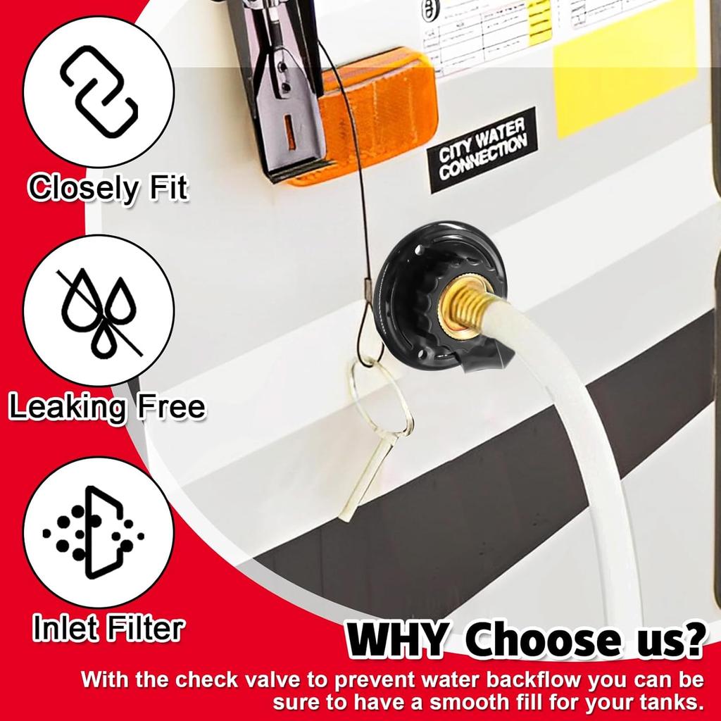 RV City Water Inlet With Check Valve, 3/4 NH Female To 1/2 NPT Male Black Flange RV Fresh Water Inlet, Lead-Free Brass RV Water Connection Inlet With