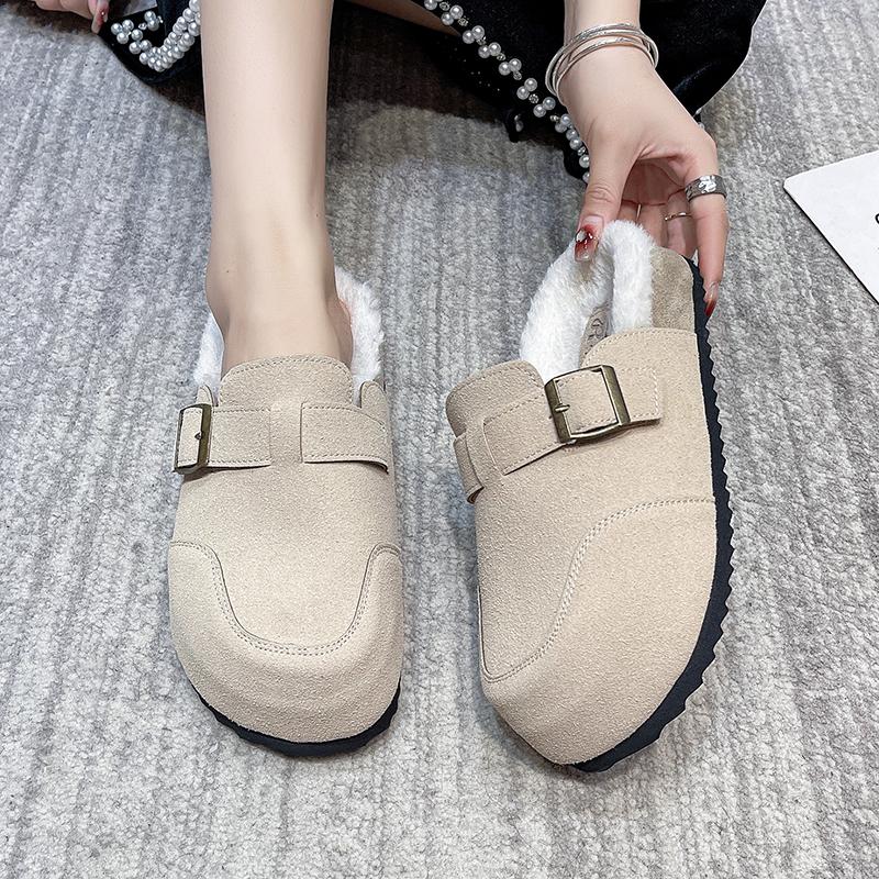 Fashion Winter New Baotou Slippers Women's Fashion Round Head Suede Deep Mouth Soft Sole Anti-slip Wear-resistant Flat Shoes