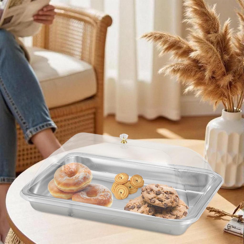 304 Stainless Steel Serving Tray with Dome Lid Food Rectangular Platter for